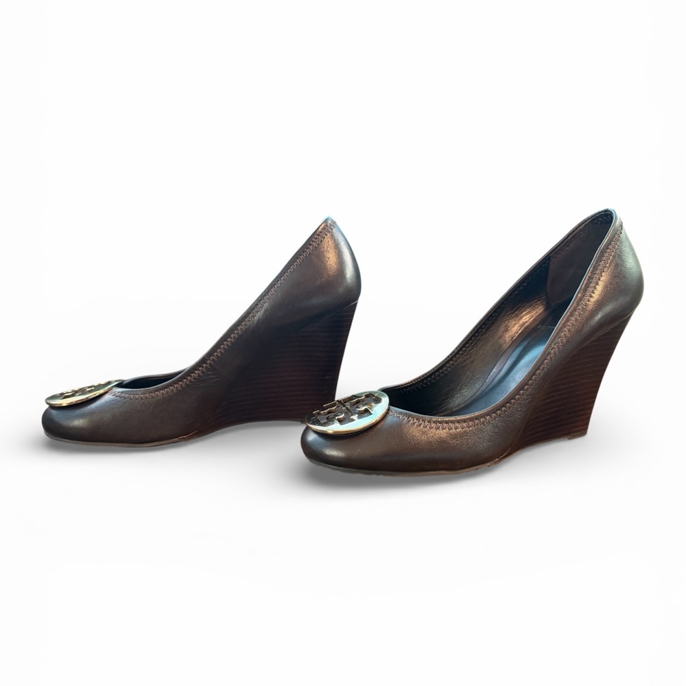Tory Burch Sally Dark Brown Leather Wedge Heels Size 8.5